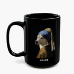 A husky painted into Vermeer's "Girl with a Pearl Earring", in a blue and gold turban with a pearl drop, on a taller all-black 15 oz mug, name "WOLFIE" below.