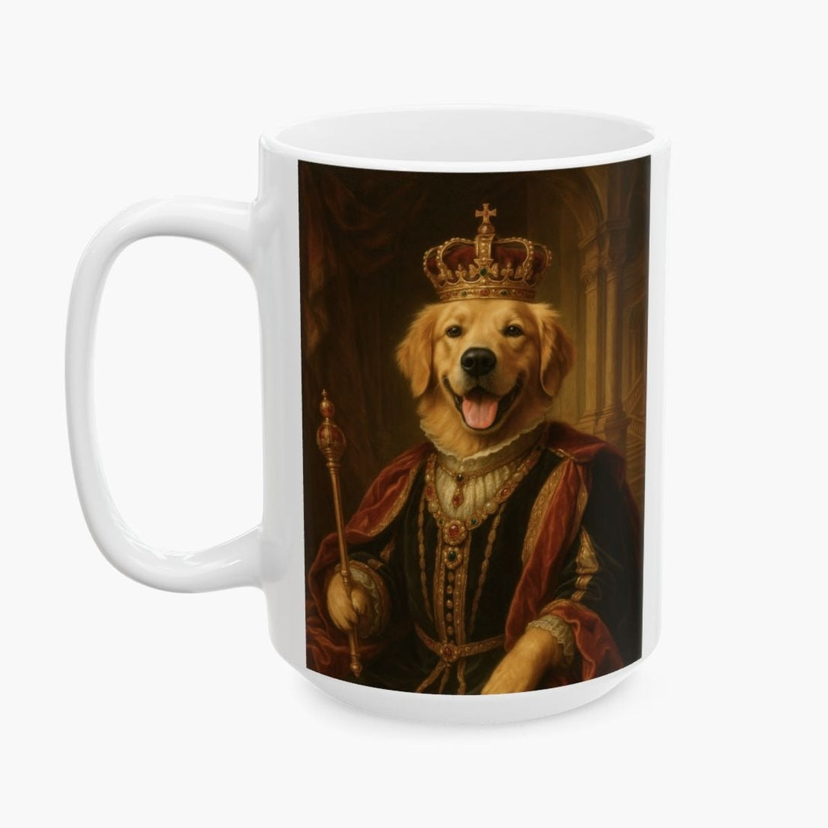 Oil painting of a golden retriever as a crowned king in a red velvet robe holding a scepter, wrapped around a taller white 15 oz mug.