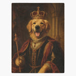 Fleece blanket printed with a golden retriever as a Renaissance king, in a jeweled crown and red velvet robe holding a gold scepter.