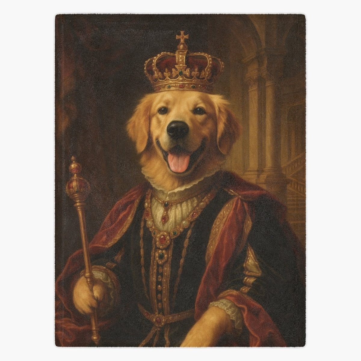 Fleece blanket printed with a golden retriever as a Renaissance king, in a jeweled crown and red velvet robe holding a gold scepter.