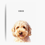 Unframed watercolor portrait print of one pet on a soft white background, with the pet's name printed above.