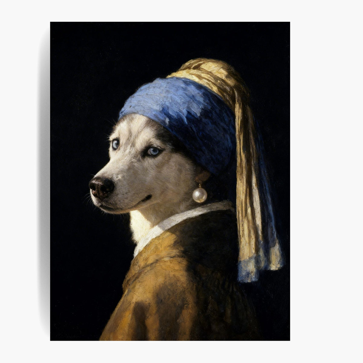 Unframed old-master style print of a husky in a blue and gold turban and a pearl earring against a dark background.