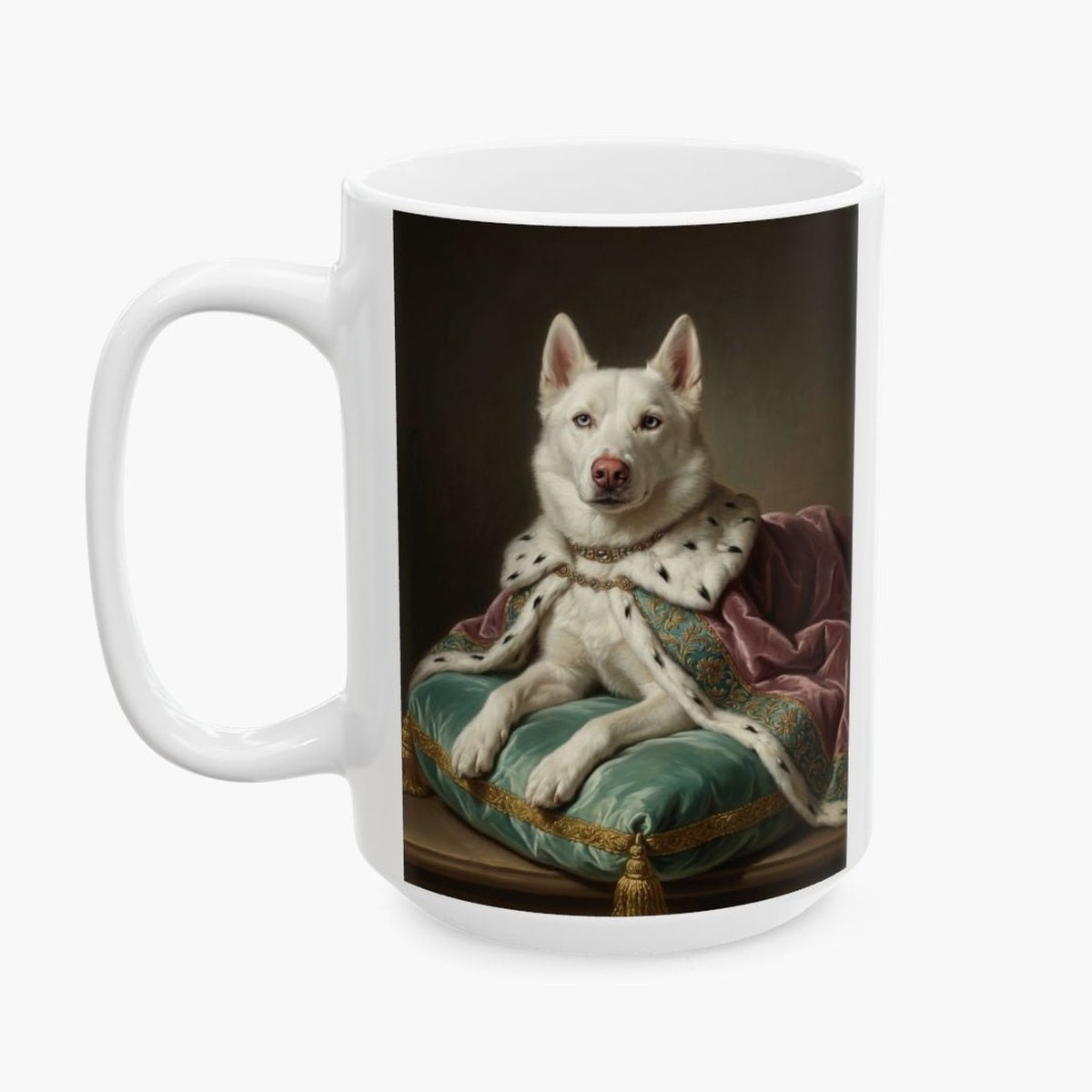 Oil painting of a white husky in a jeweled collar and ermine-trimmed royal cloak, lounging on a mint silk cushion, wrapped around a taller white mug.