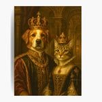 Unframed renaissance-style print of a golden retriever king and a tabby cat queen in crowns and jeweled court dress.