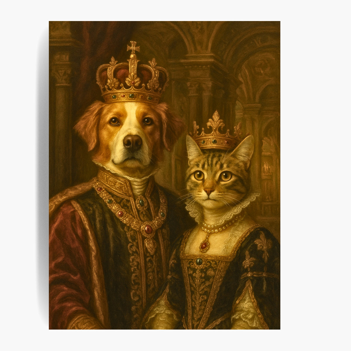 Unframed renaissance-style print of a golden retriever king and a tabby cat queen in crowns and jeweled court dress.