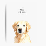 Unframed watercolor golden retriever print on a soft white background, with "MAX 2013-2024" printed above the dog.