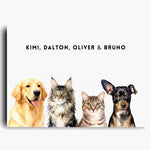 Unframed watercolor portrait print of four pets side by side on a soft white background, with their names printed above.