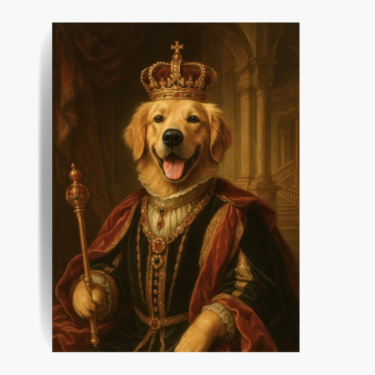 Unframed renaissance-style print of a golden retriever as a king in a jeweled crown, red velvet robe and gold scepter.