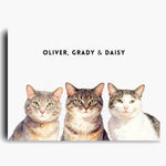 Unframed watercolor portrait print of three pets side by side on a soft white background, with their names printed above.