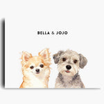 Unframed watercolor portrait print of two pets side by side on a soft white background, with their names printed above.