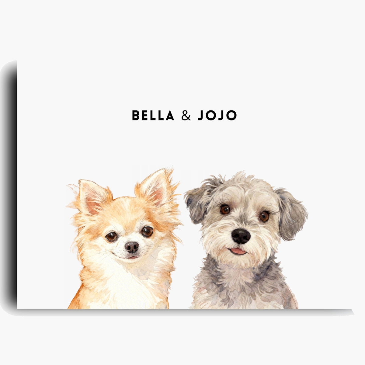 Unframed watercolor portrait print of two pets side by side on a soft white background, with their names printed above.