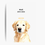 Unframed watercolor golden retriever print with a gold halo on a soft white background; text above reads "MAX 2013-2024".