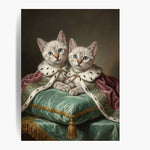 Unframed Renaissance-style oil-painting print of two pale silver tabby kittens in ermine robes on a green silk cushion.