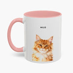 Watercolor head-and-shoulders portrait of a fluffy ginger cat on a white 11 oz mug with a pink handle and inner glaze, name "MILO" above.