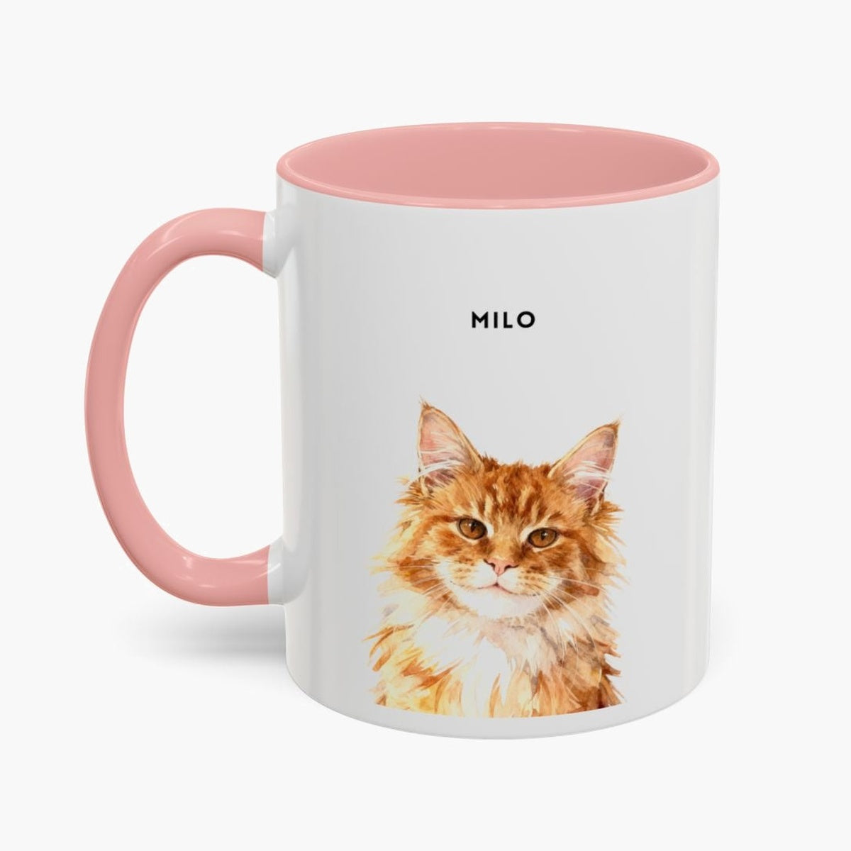 Watercolor head-and-shoulders portrait of a fluffy ginger cat on a white 11 oz mug with a pink handle and inner glaze, name "MILO" above.