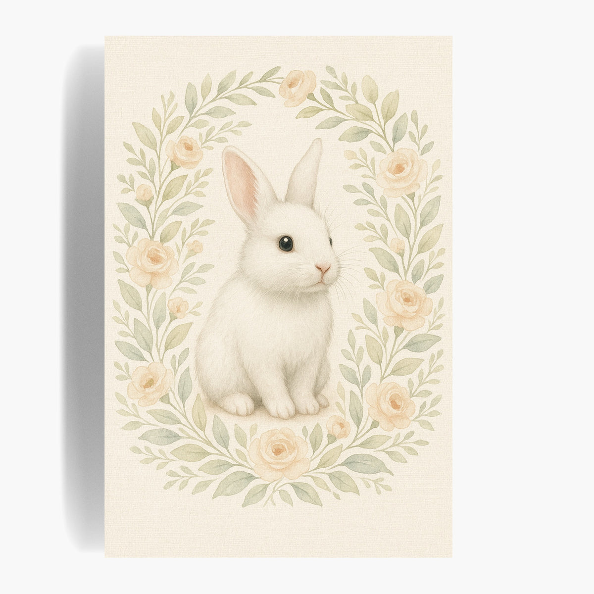 Unframed watercolor print of a white rabbit inside an oval wreath of cream roses and sage leaves on ivory paper.