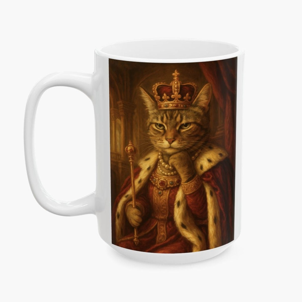 Oil painting of a tabby cat as a crowned monarch in a red and ermine robe holding a gold scepter, wrapped around a taller white mug.