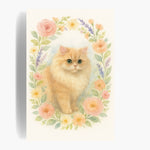 Unframed watercolor print of a long-haired ginger cat inside an oval wreath of peach roses, daisies and lavender.