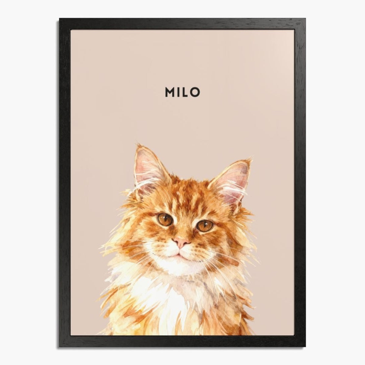 Watercolor portrait of one pet on a dusty pink background, framed in black wood, with the pet's name printed above.