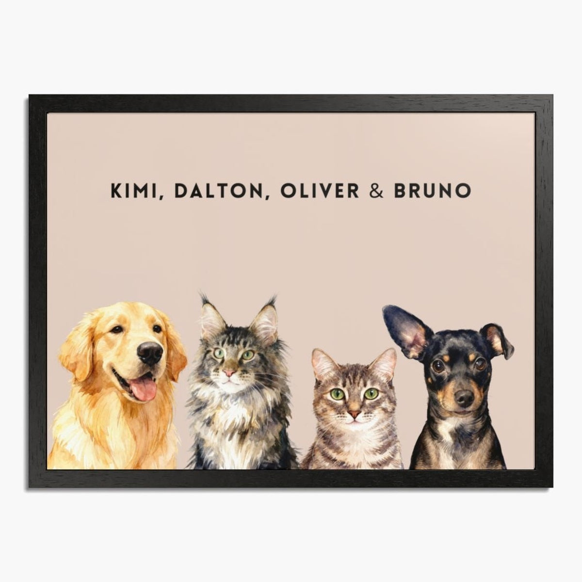 Watercolor portrait of four pets side by side on a dusty pink background, framed in black wood, with their names printed above.