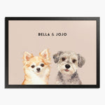 Watercolor portrait of two pets side by side on a dusty pink background, framed in black wood, with their names printed above.