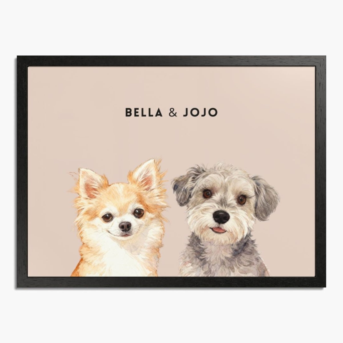 Watercolor portrait of two pets side by side on a dusty pink background, framed in black wood, with their names printed above.