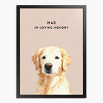 Watercolor golden retriever portrait on a dusty pink background in a black wood frame, with "MAX IN LOVING MEMORY" printed above.