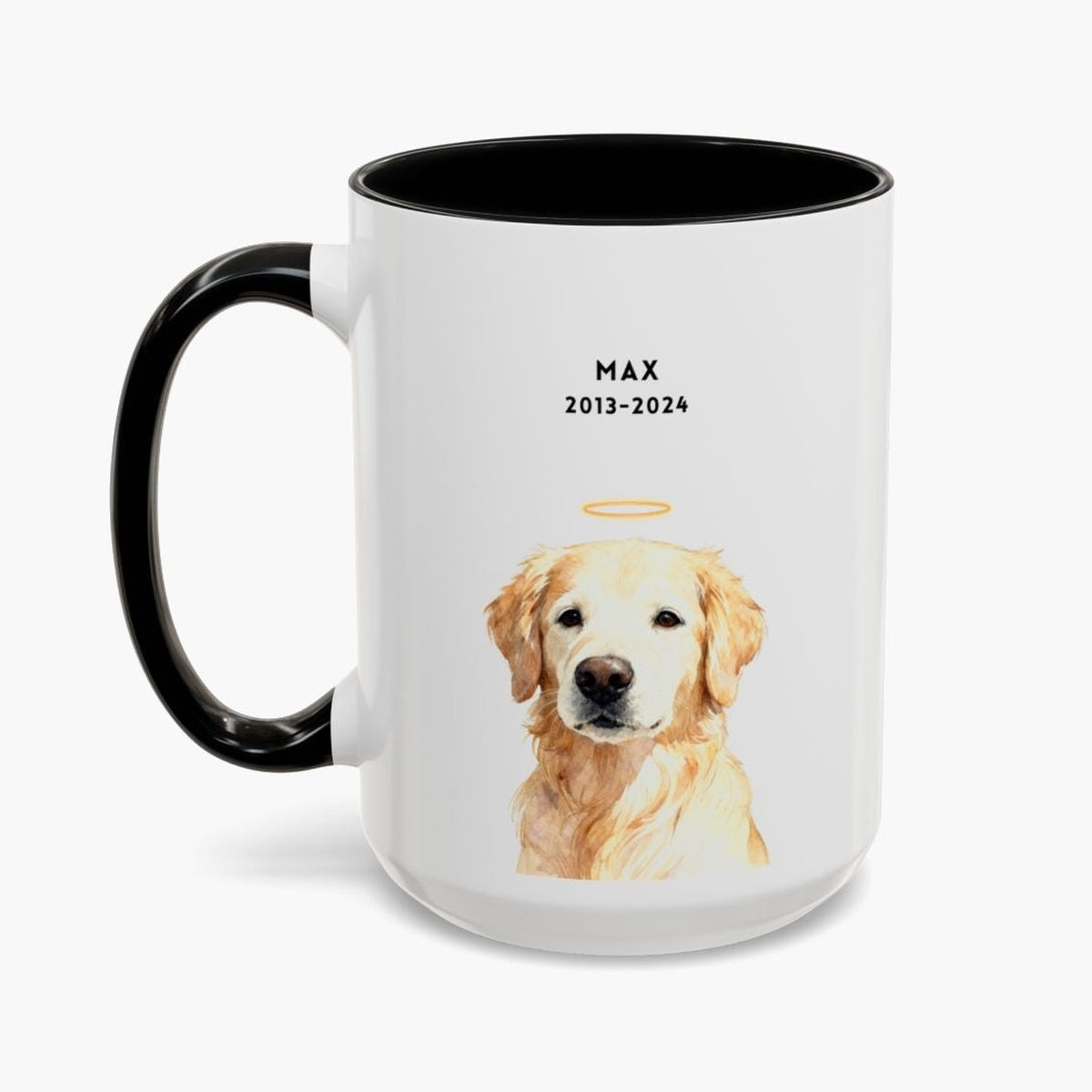 Watercolor golden retriever wearing a gold halo on a taller white 15 oz mug with a black handle and inner glaze, lettered "MAX" and "2013-2024".