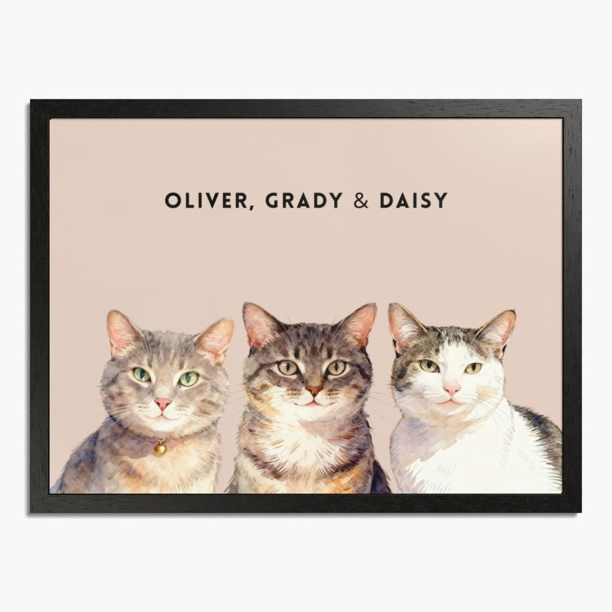 Watercolor portrait of three pets side by side on a dusty pink background, framed in black wood, with their names printed above.