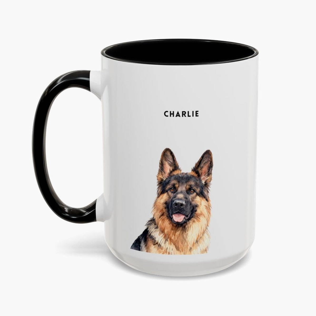 Watercolor head-and-shoulders portrait of a German shepherd on a taller white 15 oz mug with a black handle and inner glaze, name "CHARLIE" above.