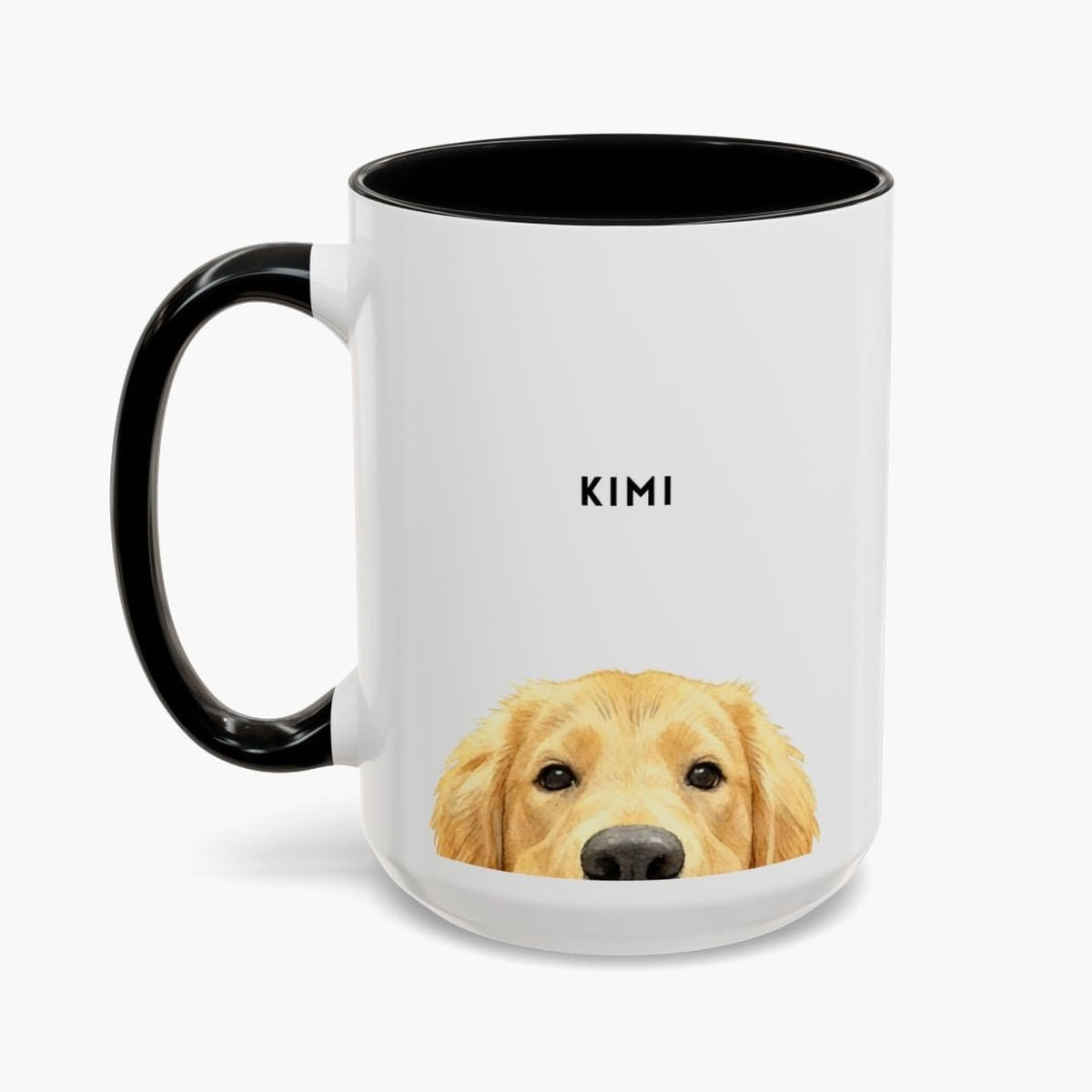 Watercolor golden retriever peeking up over the bottom edge of a taller white 15 oz mug with a black handle and inner glaze, name "KIMI" above.