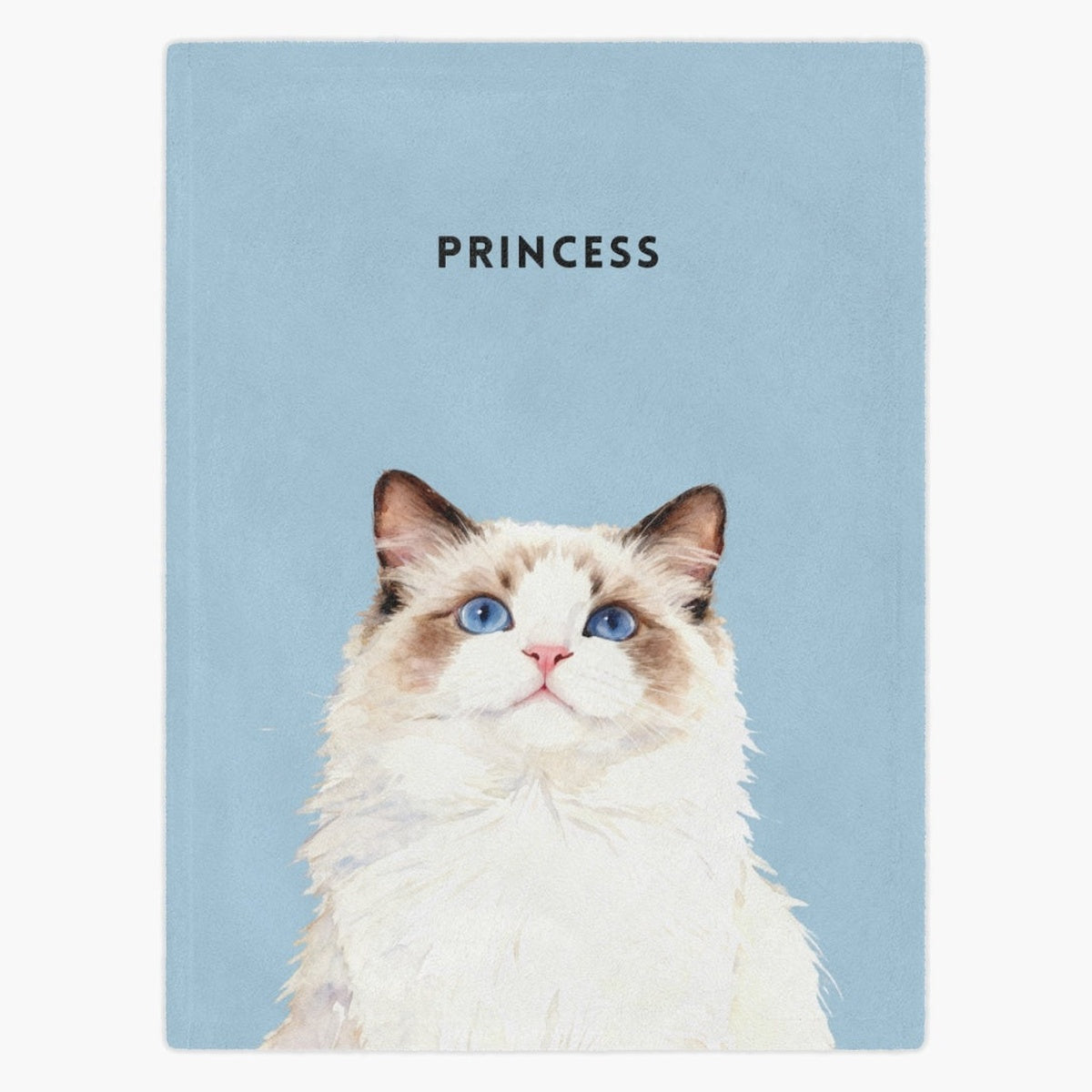 Watercolor portrait of a blue-eyed ragdoll cat printed on a French blue fleece blanket, with the name "PRINCESS" in capitals above.
