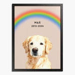 Watercolor golden retriever under an arched rainbow on a dusty pink background, in a black wood frame; text reads "MAX 2013-2024".