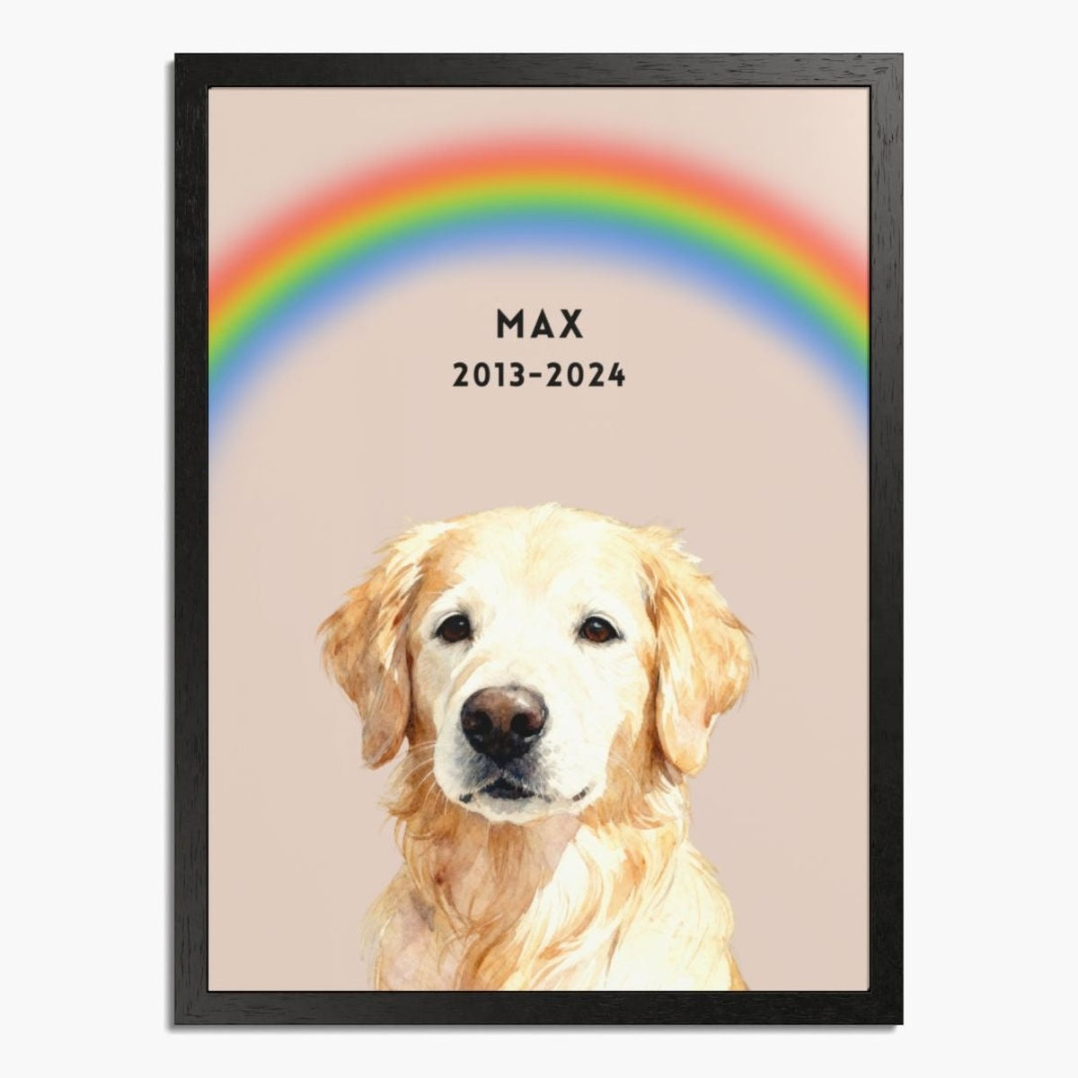 Watercolor golden retriever under an arched rainbow on a dusty pink background, in a black wood frame; text reads "MAX 2013-2024".