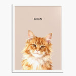 Watercolor portrait of one pet on a dusty pink background, framed in white wood, with the pet's name printed above.