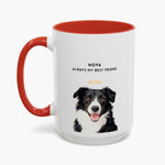 Watercolor border collie wearing a gold halo on a taller white 15 oz mug with a red handle, lettered "NOVA" and "ALWAYS MY BEST FRIEND".