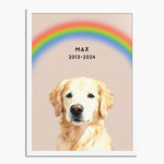 Watercolor golden retriever under an arched rainbow on a dusty pink background, in a white wood frame; text reads "MAX 2013-2024".