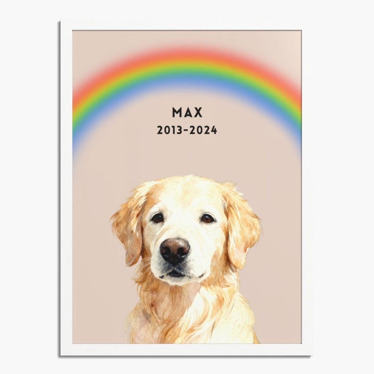 Watercolor golden retriever under an arched rainbow on a dusty pink background, in a white wood frame; text reads "MAX 2013-2024".