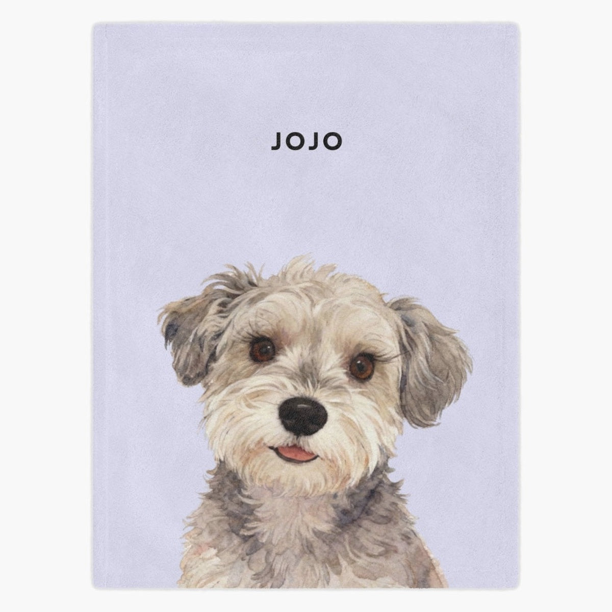 Watercolor portrait of a scruffy gray and cream terrier printed on a lavender fleece blanket, with the name "JOJO" in capitals above.