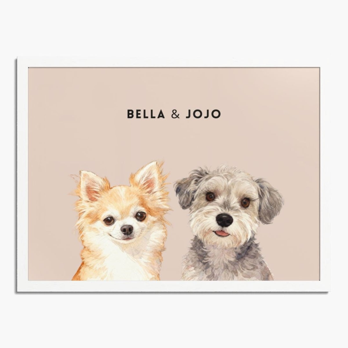 Watercolor portrait of two pets side by side on a dusty pink background, framed in white wood, with their names printed above.