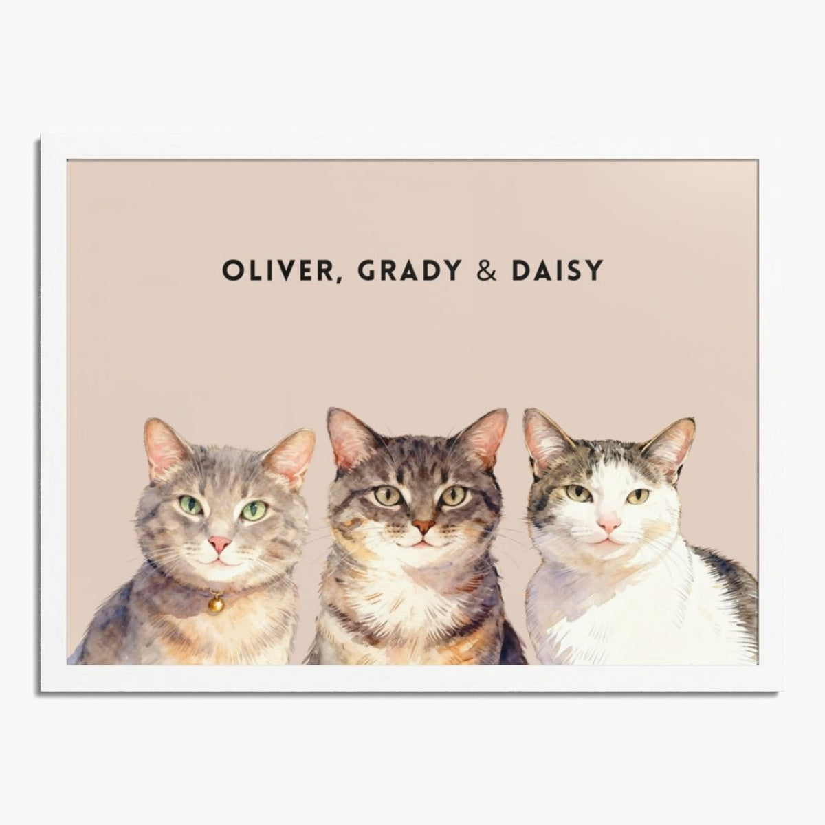 Watercolor portrait of three pets side by side on a dusty pink background, framed in white wood, with their names printed above.