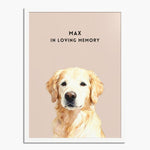 Watercolor golden retriever portrait on a dusty pink background in a white wood frame, with "MAX IN LOVING MEMORY" printed above.