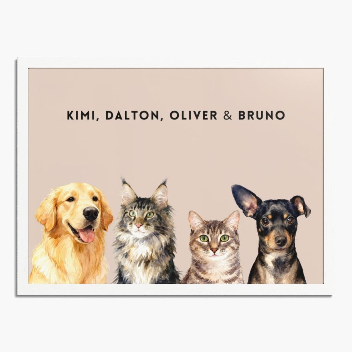 Watercolor portrait of four pets side by side on a dusty pink background, framed in white wood, with their names printed above.