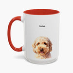 Watercolor head-and-shoulders portrait of an apricot goldendoodle on a taller white 15 oz mug with a red handle and inner glaze, name "COCO" above.