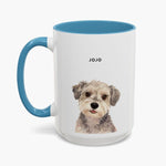 Watercolor head-and-shoulders portrait of a scruffy gray and cream terrier on a taller white 15 oz mug with a light blue handle, name "JOJO" above.