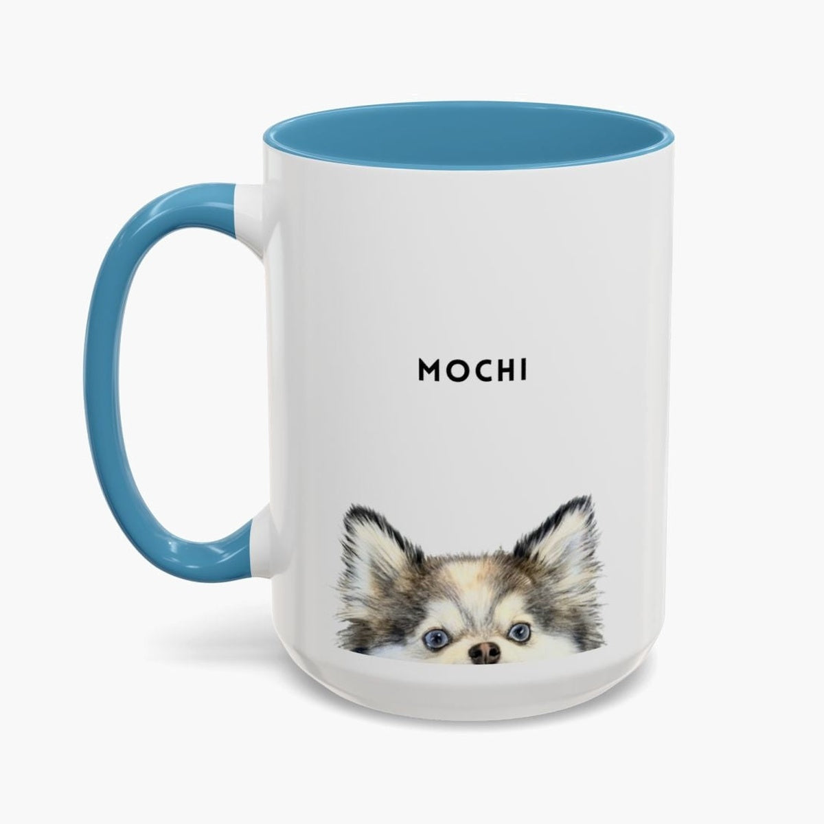 Watercolor long-haired chihuahua peeking up over the bottom edge of a taller white 15 oz mug with a light blue handle and inner glaze, name "MOCHI" above.