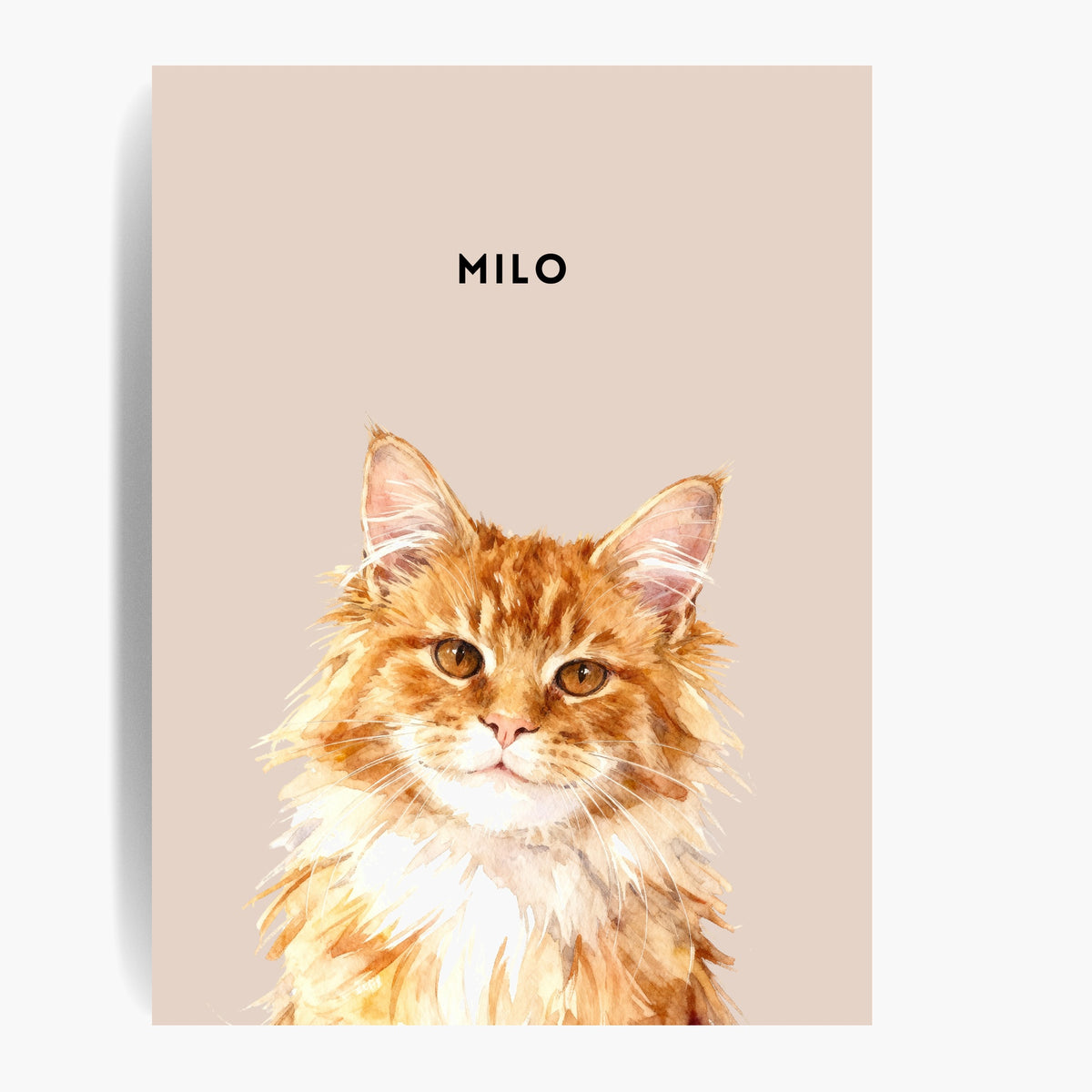 Unframed watercolor portrait print of one pet on a dusty pink background, with the pet's name printed above.