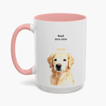 Watercolor golden retriever wearing a gold halo on a taller white 15 oz mug with a pink handle and inner glaze, lettered "MAX" and "2013-2024".