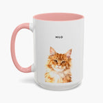 Watercolor head-and-shoulders portrait of a fluffy ginger cat on a taller white 15 oz mug with a pink handle and inner glaze, name "MILO" above.