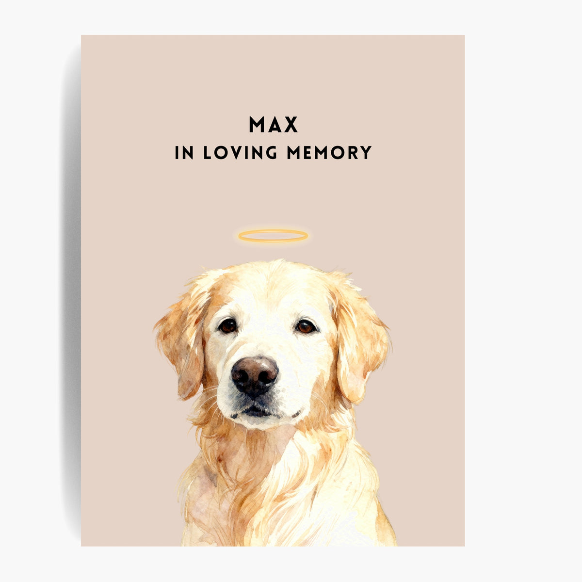 Unframed watercolor golden retriever print with a gold halo on a dusty pink background; text reads "MAX IN LOVING MEMORY".